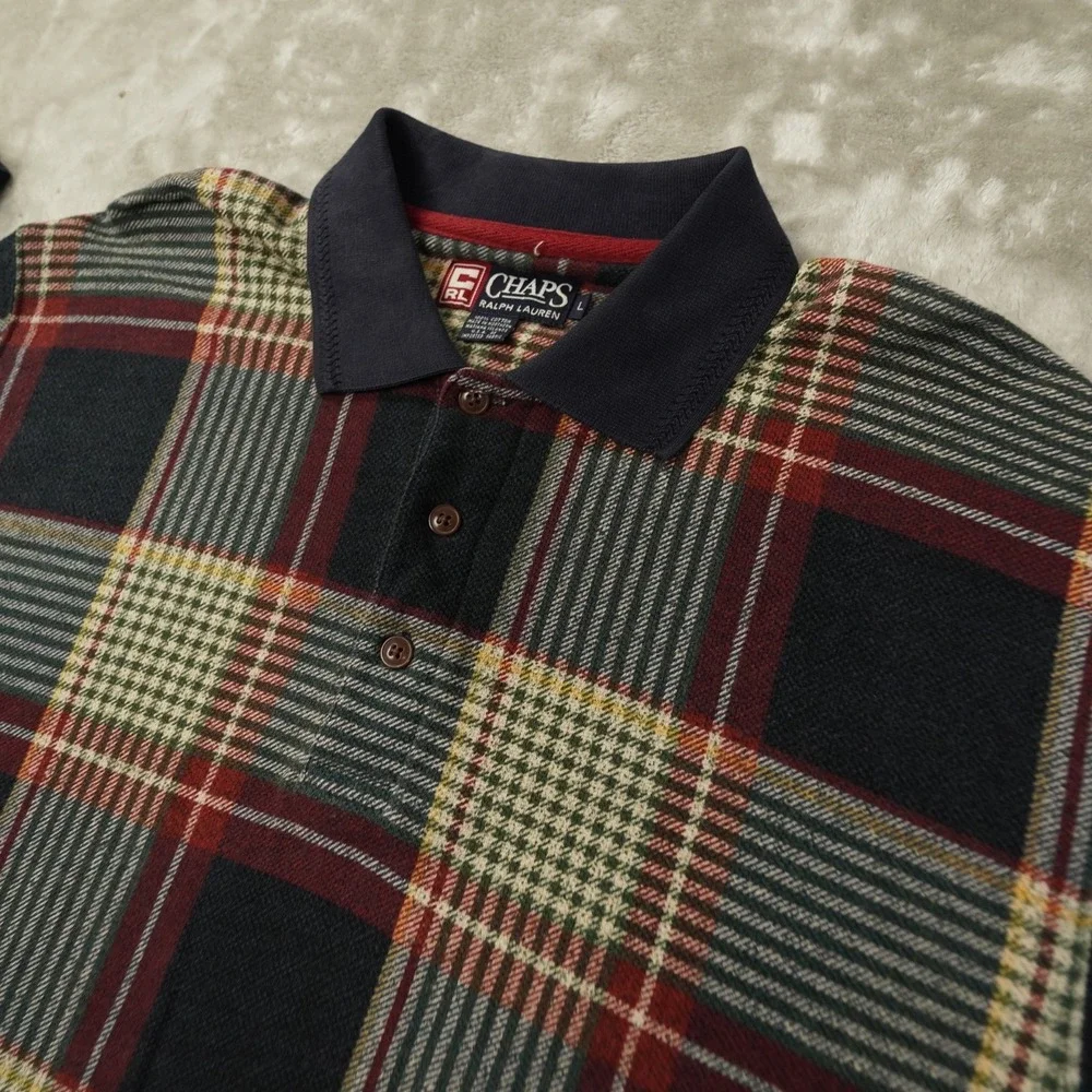 Chaps‎ Ralph Lauren Vintage Polo Shirt Men's Large Blue Beige Plaid 90s Preppy